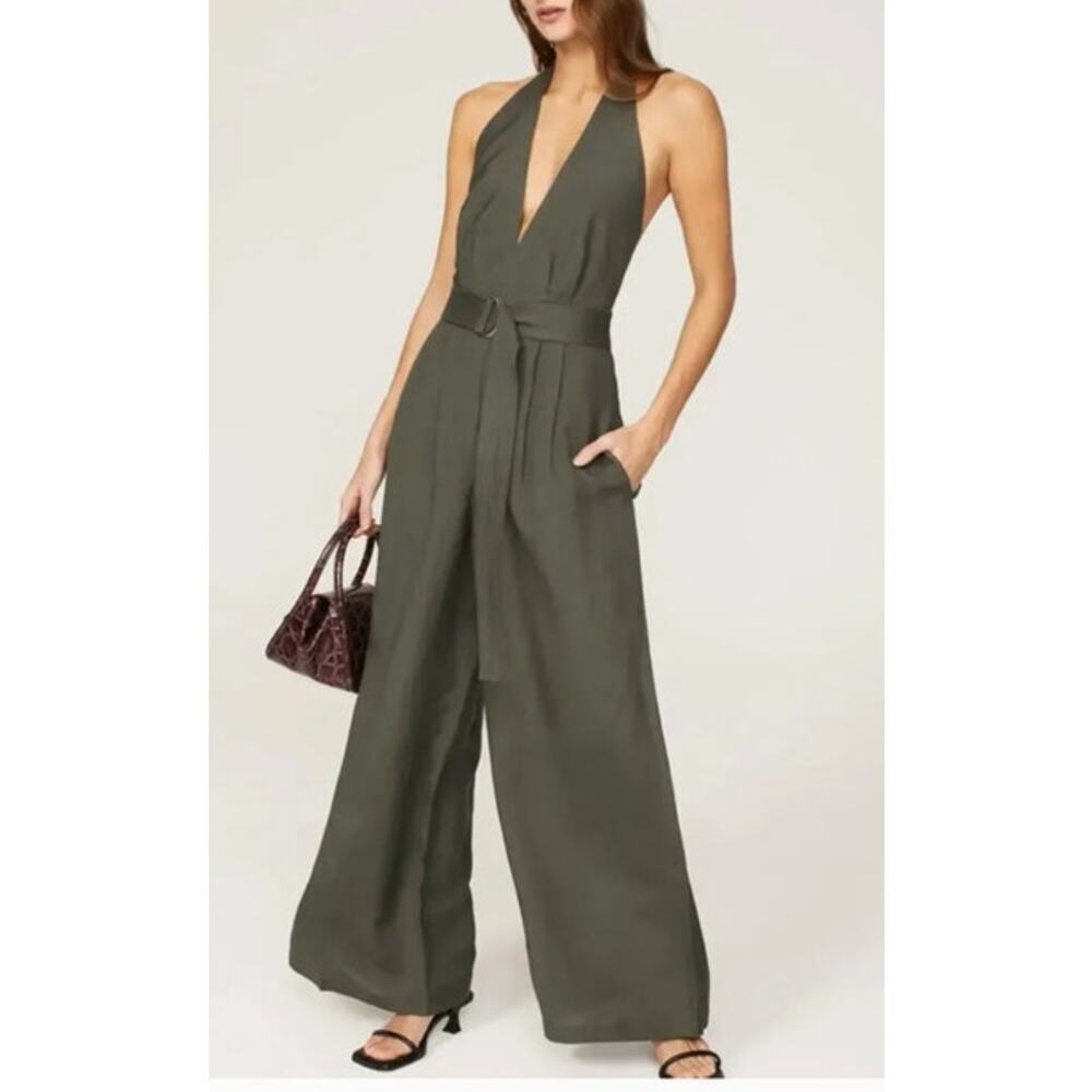 Adam Lippes Halter Jumpsuit Sleeveless Belted Wide Leg Linen Blend Sage Green 14